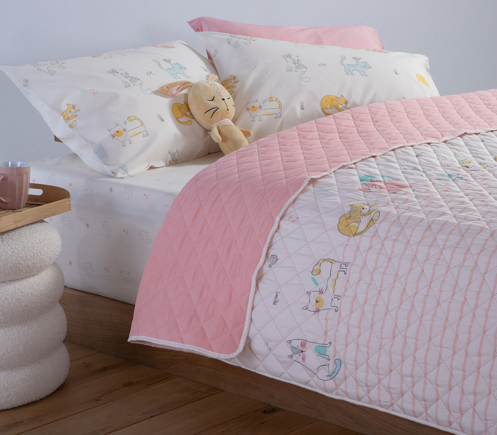 Παιδικό Κουβερλί Nef-Nef Homeware Cat Life 180X240 Ecru/Pink