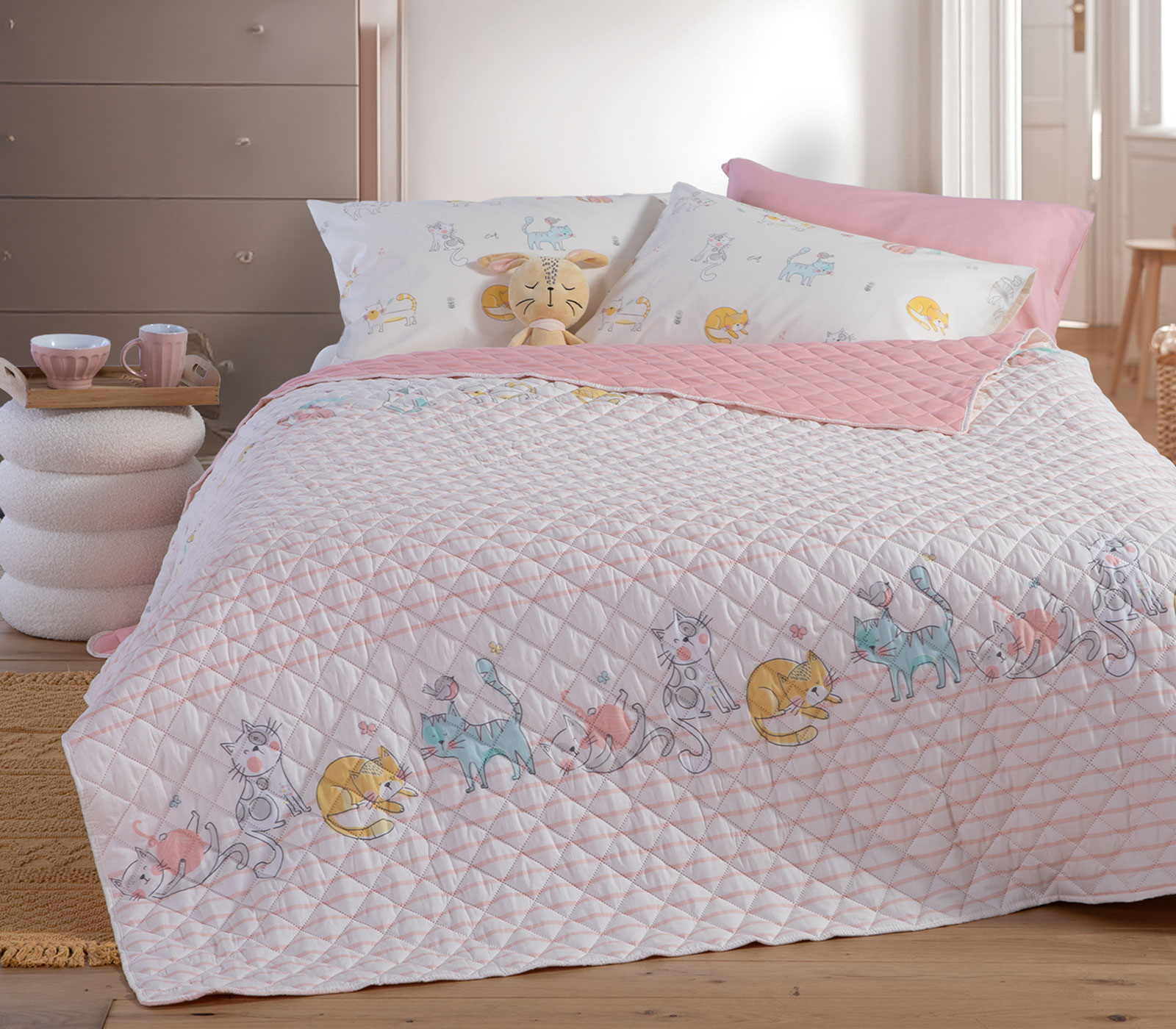 Παιδικό Κουβερλί Nef-Nef Homeware Cat Life 180X240 Ecru/Pink